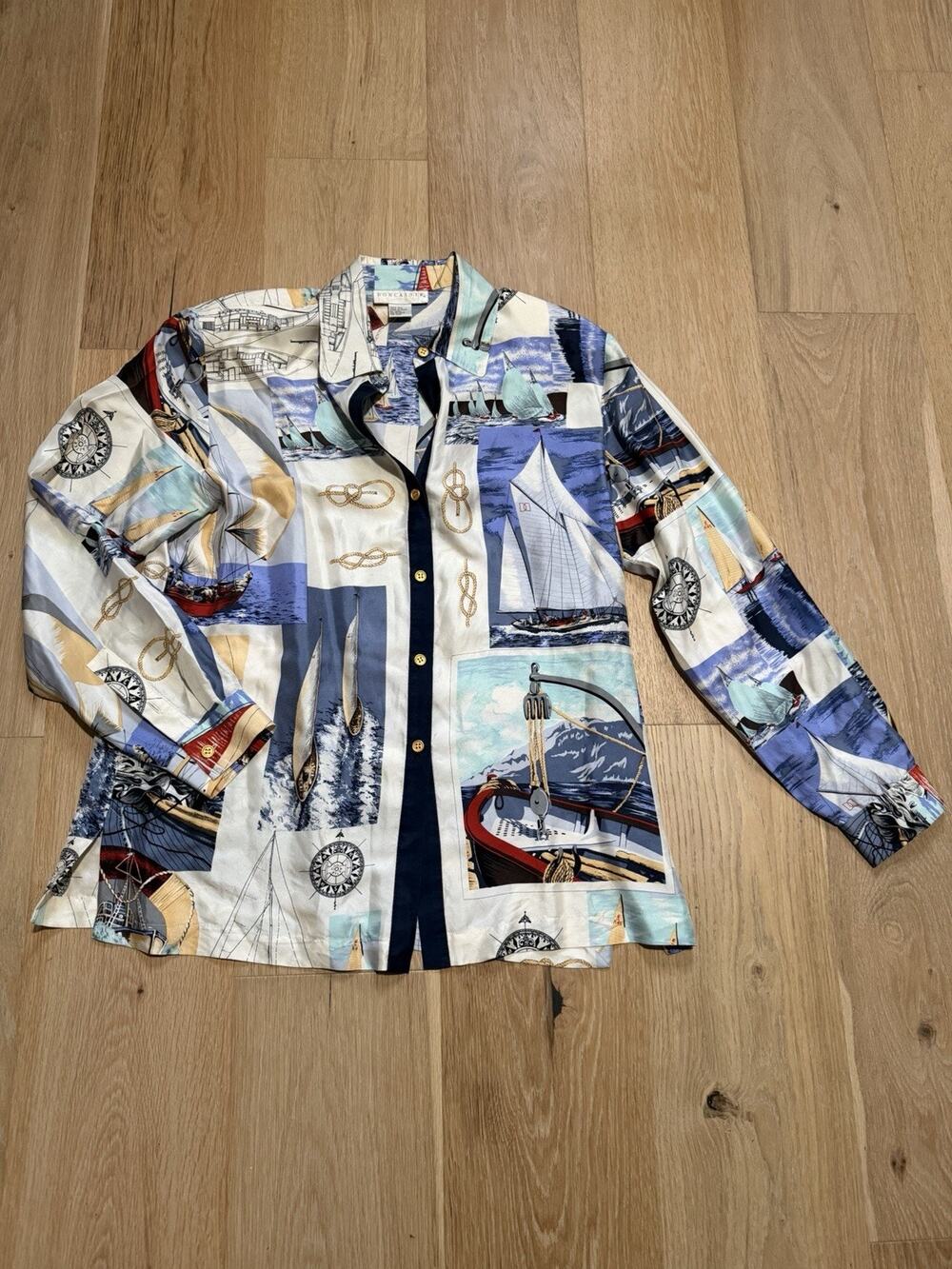 Vintage 100% Silk Button Up Blouse L Nautical 90s Retro Coastal Yacht Club AOP